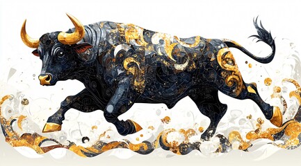 Wall Mural - Black and Gold Bull with Swirling Pattern