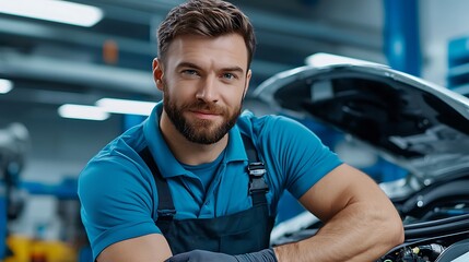 A confident auto mechanic, dressed in blue, repairs a car in a bustling garage.