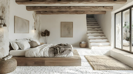 Wall Mural - A minimalist bedroom with a platform bed, wooden beams, and a large window overlooking a patio.