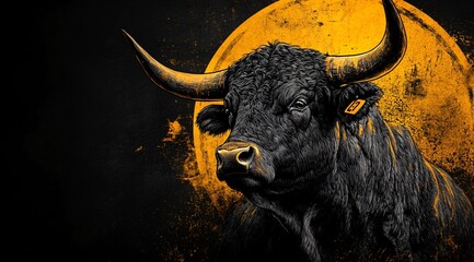 Wall Mural - Black Bull Portrait with Golden Background