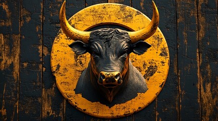 Wall Mural - Black Bull Head Sculpture on Golden Circle with Wood Background