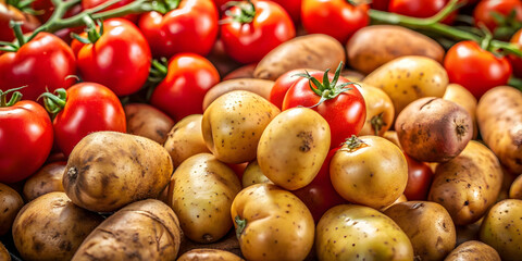 Close up of fresh organic potatoes and tomatoes , vegetables, fruits, healthy, food, vegetables and fruits, fresh