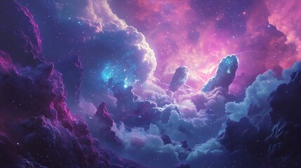 Wall Mural - A Stellar Landscape of Purple and Blue Clouds with Starry Sky