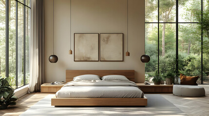 Canvas Print - A minimalist bedroom with a wooden bed, white linens, and large windows overlooking a lush forest.