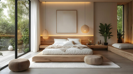 Wall Mural - A minimalist bedroom with a wooden platform bed, white bedding, and a large window overlooking a lush garden.