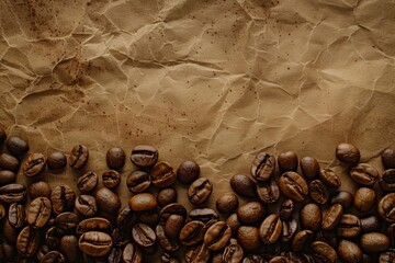 A coffee-themed backdrop with space for text, featuring dark roasted coffee beans scattered on crumpled brown paper