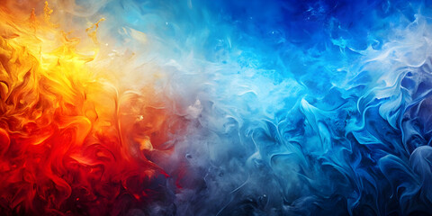 painting with hot and cold decoration on empty background, abstract art studio with blue red yellow gradient blur pattern