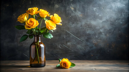 Poster - Yellow roses in a brown glass bottle against a dark background, yellow, roses, flowers, brown bottle, glass, dark