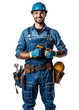 © SH Design - A man in a blue work uniform is smiling and holding a tool