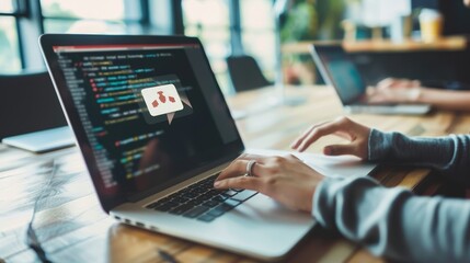 Close-up of Hands Typing Code on Laptop with Chat Icon, Software Development, Web Design, Programming