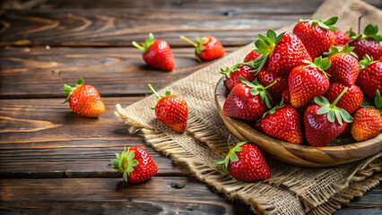 Wall Mural - Organic strawberries placed on a rustic wooden table , fresh, natural, ripe, healthy, farm, fruit, red, delicious