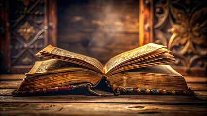 Old open book with detailed intricate cover against a dark blurry background, vintage, antique, literature, education, study