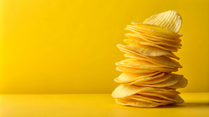 Stacked crispy potato chips on yellow background , crunchy, snack, crispy, food, potato, salty, tasty, yellow, background