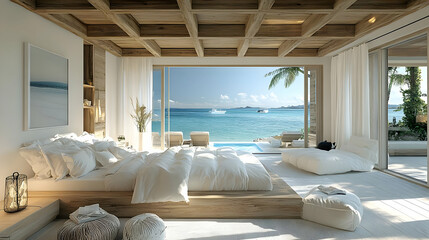 Poster - A modern bedroom with a king-size bed, white linens, and large windows overlooking a tropical beach.