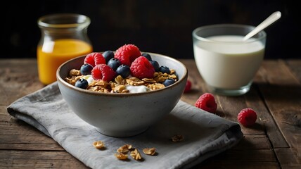  Healthy muesli with berries, yogurt, and milk in a bowl