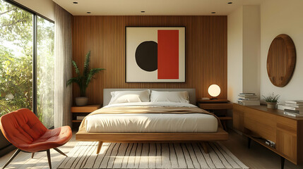 Poster - A modern bedroom with a large bed, a wooden wall, a rug, and a large window with a view of trees outside.