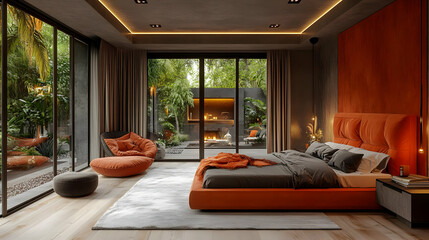 A modern bedroom with a large bed, an armchair, and a view of a lush garden through glass doors.