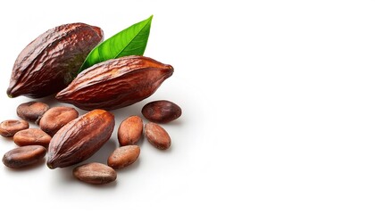 Brown roasted cocoa or cacao beans is the dried and fully fermented seed of Theobroma cacao in which chocolate is made. isolated on white background with copy space. cocoa seeds texture background