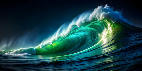 Climbing wave with green and blue colors on a dark background, climbing wave, green, blue, waves, ocean, sea, motion, abstract