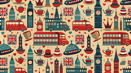 Vintage Britain Style seamless pattern featuring iconic British symbols such as the Union Jack, double-decker buses