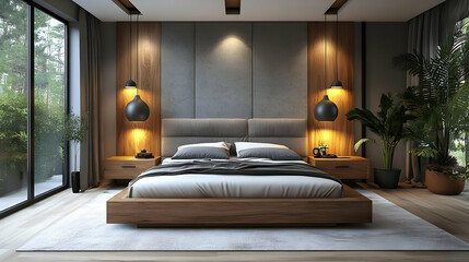 Wall Mural - A modern bedroom with a large bed, wooden floor, and large windows with a view of nature.