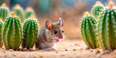 A tiny mouse curiously exploring a prickly cactus in the desert, desert, wildlife, cute, tiny, exploring, prickly, plant