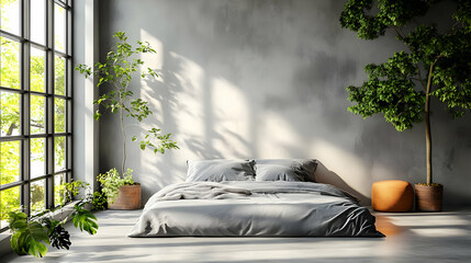 Wall Mural - A modern bedroom with a large window, a bed, and plants in pots. The wall is made of concrete and the floor is made of wood. The sun is shining through the window and casting shadows on the wall.