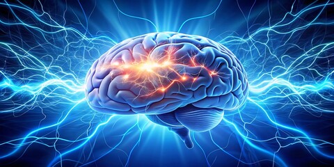 human brain electrical activity on blue background