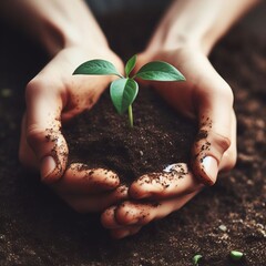 A two hands holding a small plant in their hands, symbolize take care of life