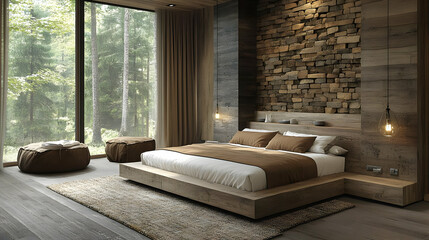 Wall Mural - A modern bedroom with a wooden bed, a stone wall, and large windows overlooking a forest.