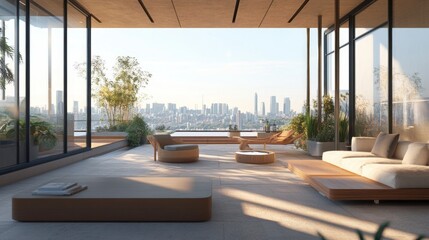 Modern living space with city view and natural elements. family, spacious for party