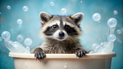 Cute raccoon enjoying a bubbly bath, raccoon, animal, bath, foam, water, relaxation, washing, adorable, fur, cute