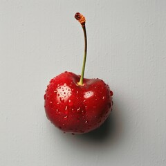 Wall Mural - fresh cherry with water droplets and stems visible. The background is grayscale,