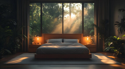 Canvas Print - A modern bedroom with large windows overlooking a lush forest, with warm light streaming through the trees.