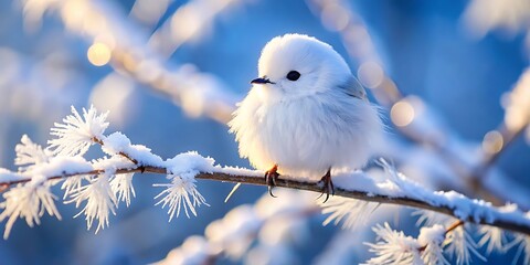 little cute fluffy white bird on hoarfrost branch