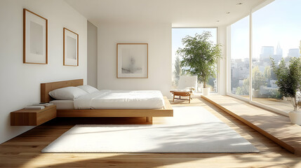 Wall Mural - A modern, minimalist bedroom with a large window overlooking a city skyline. The room is decorated in shades of white and wood, with a comfortable bed, a nightstand, and a rug.