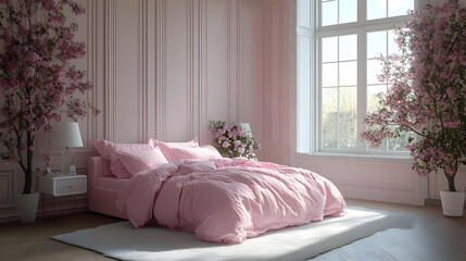 Poster - A pink bedroom with a large bed, two flowering trees, and a large window.