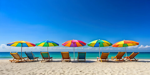 Summer beach scene with colorful umbrellas, lounge chairs, and clear blue sky , summer, beach, umbrellas, chairs, relaxation, vacation