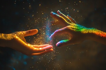 A close-up of two hands, one gently holding the other with an outstretched palm, in front of a dark background