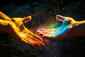 A close-up of two hands, one gently holding the other with an outstretched palm, in front of a dark background