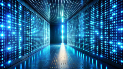 Digital binary code wrapped walls with blue lights in the technology gateway, technology, gateway, digital, binary code