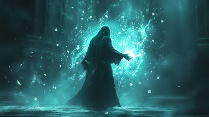 Dark sorcerer casting an eerie spell, glowing runes floating in the air, fear radiating from his shadowy figure