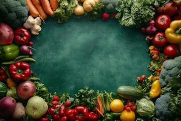 Organic ingredient products advertising photo template over green texture. Plenty fresh vegetables and fruits displayed in the middle of dark green table top. Blank space, front angle , ai