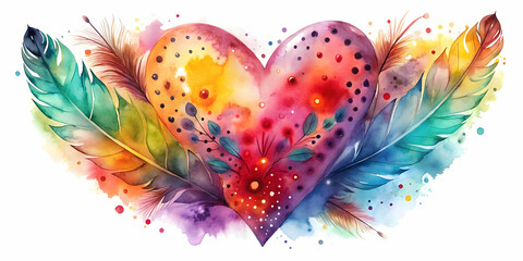 Watercolor painting of abstract heart with spots and feathers, perfect for romantic-themed designs , watercolor