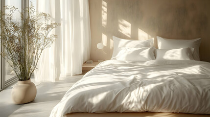 Poster - A white bed with white linens and a vase of dried flowers in a minimalist bedroom with sunlight streaming through a window.