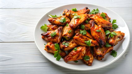 Grilled wings arranged neatly on a white plate, food, appetizer, hot wings, barbecue, grilled, spicy, tasty, savory, chicken