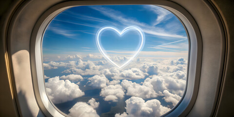 Heart drawn on the window of an airplane with clouds in the background, Love, travel, concept, romantic, trip, vacation