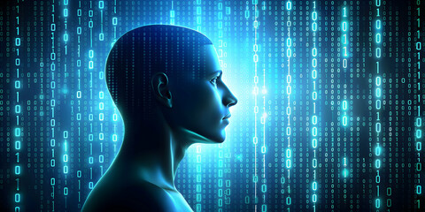 Silhouette of human profile in binary code on artificial intelligence background, binary code