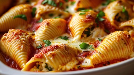 Close-Up of Delicious Stuffed Pasta Shells with Tomato Sauce