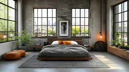 Industrial loft bedroom with large windows, a wooden bed, and exposed brick walls.